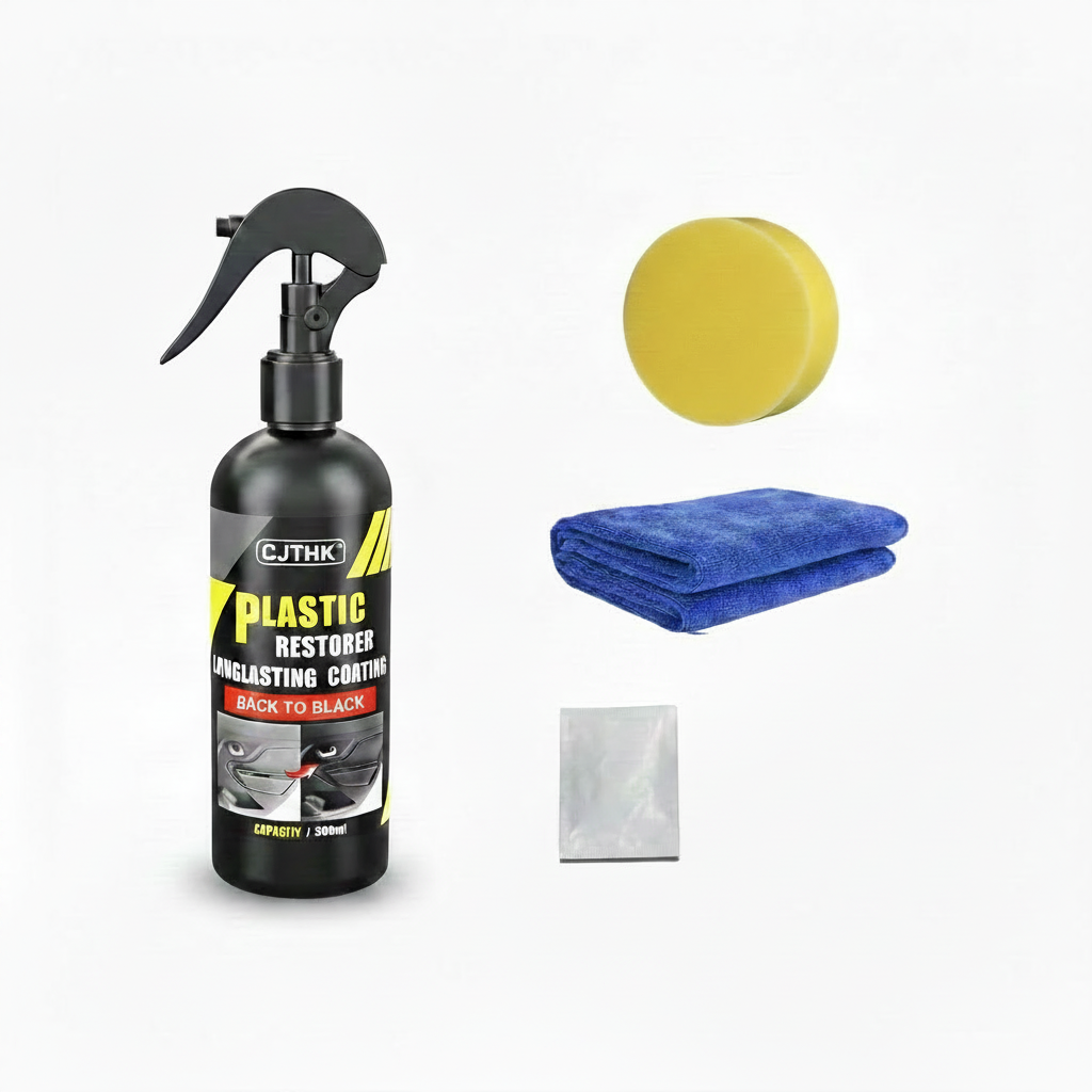 Plastic Restorer Longlasting Coating 300ml Set mit Polishing Sponge, Mikrofaser Tuch und Cleaning Wipes